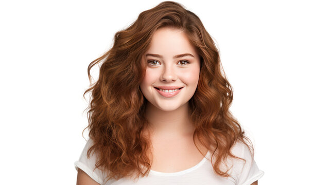 Young chubby student woman, 18 years old, smiling at the camera, isolated on transparent and white background.PNG image.
