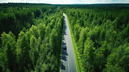 Top view Road through the green forest, Aerial view car truck drive going through forest Texture of...