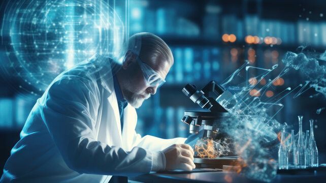 scientist or reseacher using microscope in biotechnology laboratory