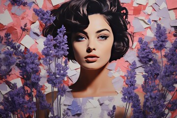 A fashionable collage of a beautiful girl with lavender flowers on an abstract background.