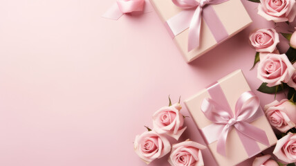 Top view photo of trendy gift boxes with ribbon bows and red rose on isolated pastel color background