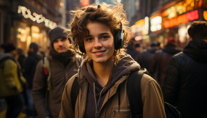 Young adults smiling, walking in winter city, enjoying outdoor leisure generated by AI