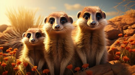 A family of meerkats standing alert in the desert