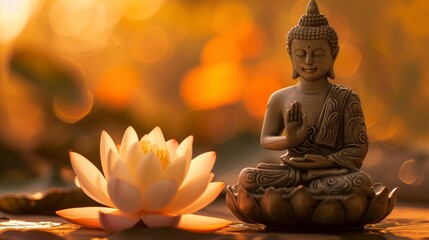 A serene Buddha statue meditating beside a vibrant lotus flower, symbolizing purity and spiritual growth in a peaceful setting.