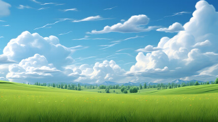 Obraz premium Illustration background, Beautiful grassy fields and summer blue sky with fluffy white clouds in the wind