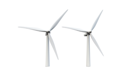 Two wind turbines isolated on transparent and white background.PNG image.