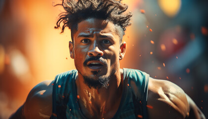 A cheerful man, wet and smiling, enjoys outdoor water fun generated by AI