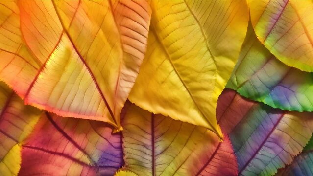 A close-up of leaves dyed in various colors, the warm hues suggesting the onset of autumn, predominantly yellow, orange, and red.
