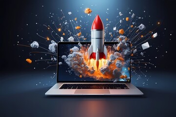 Space rocket shuttle with a cloud of smoke and blast takes off from a laptop on a working office desk. Creative idea and startup. Successful business project. Go outside the frame - obrazy, fototapety, plakaty