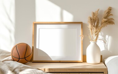 Basketball ornaments and blank photo mockup frame on bedside table, soft natural light.