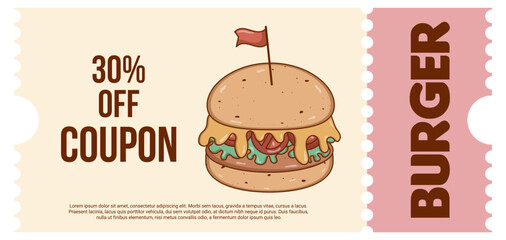 Set Retro groovy cartoon coupon, discount banner, gift voucher with character Burger. Vintage mascot with psychedelic smile. Funky vector illustration