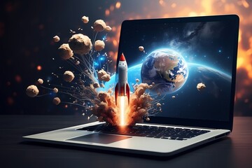 Space rocket shuttle with a cloud of smoke and blast takes off from a laptop on a dark background. Creative idea and startup. Successful business project. Go outside the frame - obrazy, fototapety, plakaty
