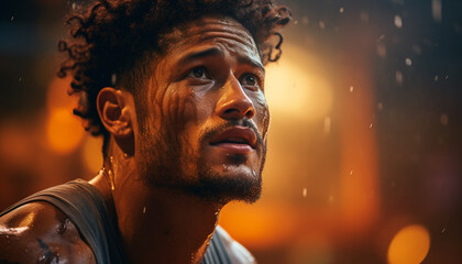African man smiling, enjoying nature wet celebration at dusk generated by AI