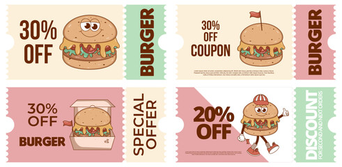 Set Retro groovy cartoon coupon, discount banner, gift voucher set with character Burger. Vintage mascot with psychedelic smile. Funky vector illustration