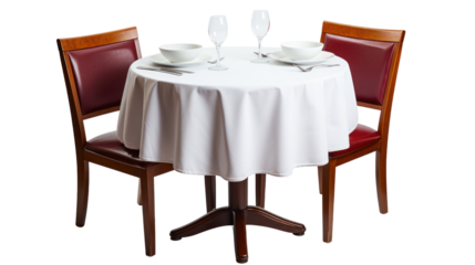 Round restaurant table with a cloth set isolated on transparent and white background.PNG image.