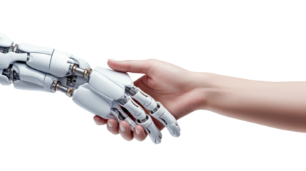 Robotic hand shaking hands with woman isolated on transparent and white background.PNG image.
