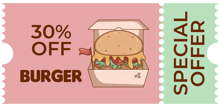 Set Retro groovy cartoon coupon, discount banner, gift voucher with character Burger. Vintage mascot with psychedelic smile. Funky vector illustration