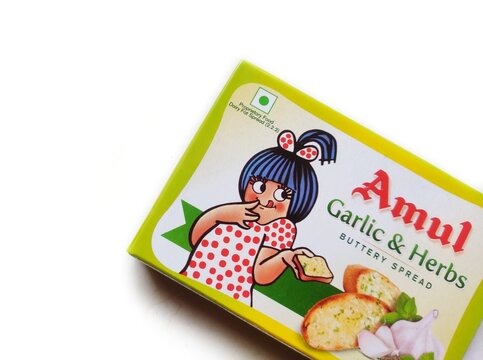 Guwahati, Assam, India - January 26, 2024 : Amul Garlic and Herbs Buttery Spread offers rich Garlic taste with Oregano herbs blended well in Classic Amul Butter gives it a unmatched taste and flavour.