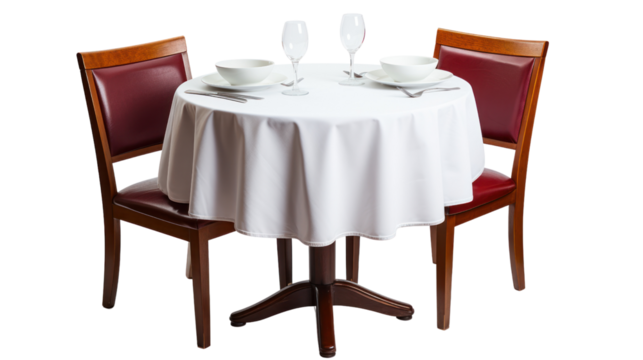 Round restaurant table with a cloth set isolated on transparent and white background.PNG image.
