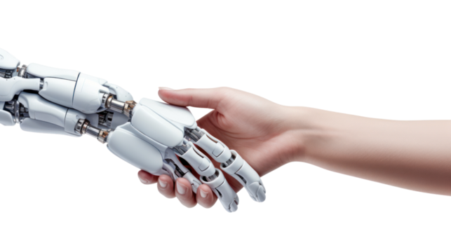 Robotic hand shaking hands with woman isolated on transparent and white background.PNG image. - Powered by Adobe