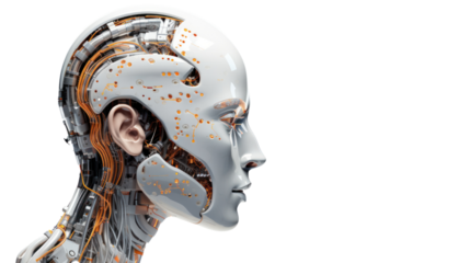 Robot Head with digital graphic Brain Engine isolated on transparent and white background.PNG image.