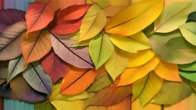 A close-up of leaves dyed in various colors, the warm hues suggesting the onset of autumn, predominantly yellow, orange, and red.
