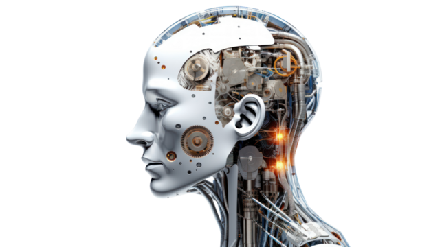 Robot Head with digital graphic Brain Engine isolated on transparent and white background.PNG image.