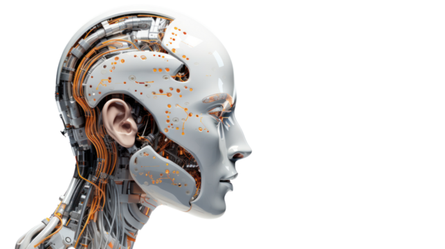 Robot Head with digital graphic Brain Engine isolated on transparent and white background.PNG image.
