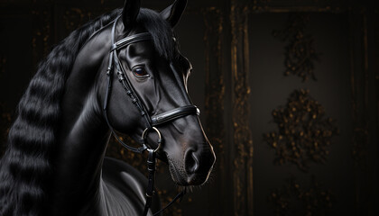 Beautiful black stallion with elegant mane in nature beauty generated by AI - obrazy, fototapety, plakaty