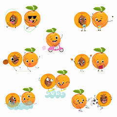 Cute cartoon apricot, peach  character set, collection. Flat vector illustration. Activities, playing musical instruments, sports, funny fruits.