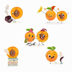 Cute cartoon apricot, peach  character set, collection. Flat vector illustration. Activities, playing musical instruments, sports, funny fruits.