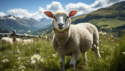 Cute lamb grazing in green meadow on rural farm generated by AI