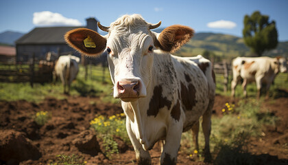 Cute cow standing in green meadow, looking at camera generated by AI