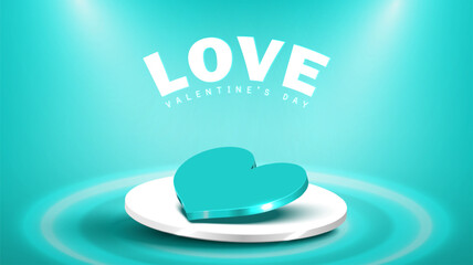 Valentine day background. Heart stage pedestal for Advertising product with Spotlight on Green mint background. Abstract background. Vector illustration.