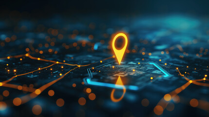 Futuristic Network Visualization of Digital City Map with Glowing Location Marker