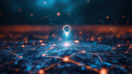 Obraz premium Futuristic Network Visualization of Digital City Map with Glowing Location Marker