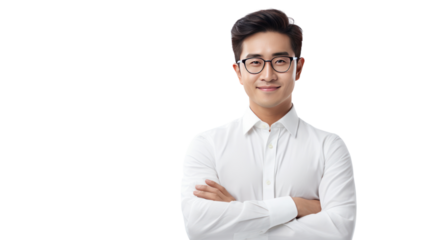 Portrait of young happy smiling business man Asian, crossed arms isolated on transparent and white background.PNG image.