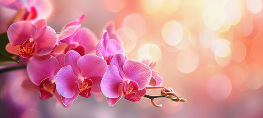 Orchids on soft, dreamy background copy space. Spring summer banner - obrazy, fototapety, plakaty