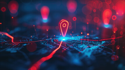 Futuristic Network Visualization of Digital City Map with Glowing Location Marker