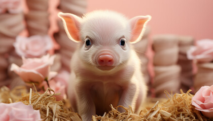 Cute pink piglet looking at a yellow flower in nature generated by AI