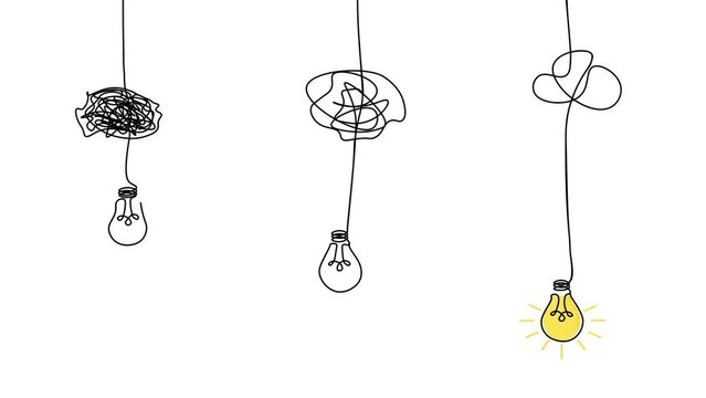 Simplify Complex Problem To Creative Idea Concept animation of Continuous line. From Tangled Complicated to Simple Light Bulb Glowing. Untangle Complexity. Thinking Mind and Solution. 