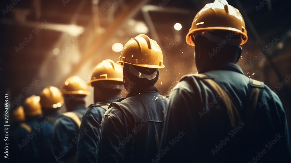 Wall mural A Construction team or group of engineers and workers Safety helmets to prevent accidents while working in shipping and container teams. Teamwork and commitment to success.