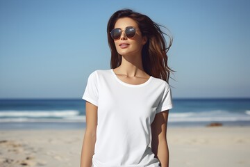 Girl on the beach wearing a white T shirt and pair of sunglasses. T-shirt mockup.