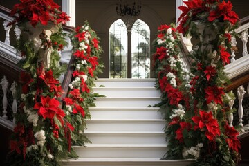 Fototapeta na wymiar Wrapping a garland around a staircase railing, creating a festive entrance.
