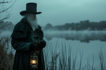 Atmospheric photo of a man as a leprechaun, standing by a foggy lake at dawn. He's in traditional attire with a lantern in hand, looking contemplative.  - obrazy, fototapety, plakaty