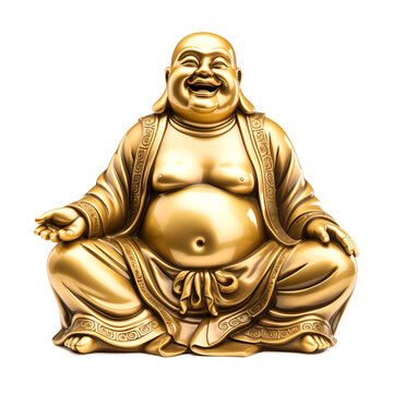Budai Laughing Buddha Golden Statue Isolated on Transparent Background
