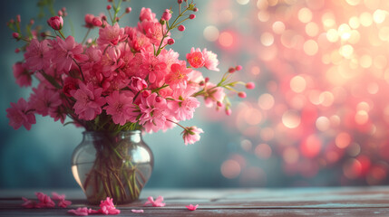 pink flowers in vase, happy mother's day - obrazy, fototapety, plakaty