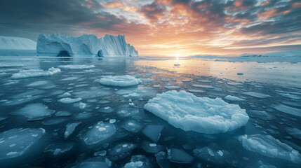 melting iceberg in the sea at sunset, International Earth day climate change and global warming concep