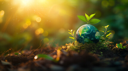 earth in the gras with small plants, International Earth day climate change and global warming concept, earth with new plants in soil