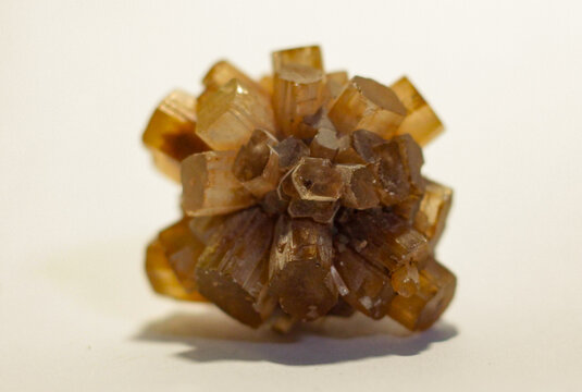 Natural Rough Orange Aragonite Metaphysical Healing Crystal Gemstone Mineral Starburst Cluster Formation on Light Background with Shallow Depth of Field Warm Tones